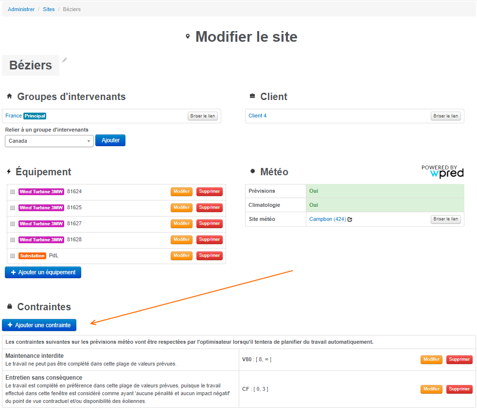 Optimisateur : configuration des contraintes de site.